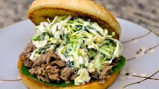 Bulgogi Burger with Kkaennip Slaw Recipe [upl. by Harlow]