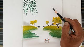 Simple landscape drawing by pencil and pastels colour [upl. by Tessi]