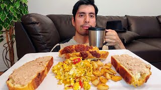 EGGS POTATOES BEEF PORK PATE WITH CHEDDAR CHEESE BREAD BREAKFAST MUKBANG EATING SHOW [upl. by Janerich692]