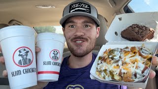 Slim Chickens Loaded Fries Brownie Strawberry Chocolate Chip Shake and Raspberry Lemonade Review [upl. by Nancey]