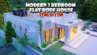 Modern 3 bedroom bungalow Flat roof house 12mx13m with rooftop terrace and interior design [upl. by Rutra]