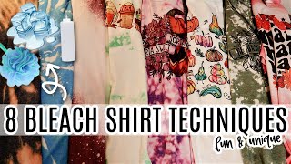 8 DIFFERENT Bleach Shirt Techniques  Acid Wash Tie dye Ice Loofa amp More [upl. by Gatian409]