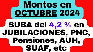 MONTOS a cobrar en OCTUBRE 2024 en JUBILACIONES PNC Pensiones AUH SUAF con la suba del 42 [upl. by Nyrrat]