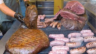 Italy Street Food Festivals Heavy Blocks of Angus Ribs on Huge Barrels Raclette Cheese ampmore Food [upl. by Sherborn]