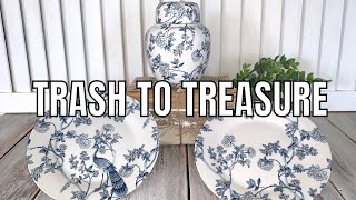 TRASH TO TREASURE THRIFT STORE FLIP  UPCYCLE HOME DECOR  DIY BLUE WILLOW  CHINOISERIE DECOR [upl. by Nottage617]