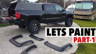 Part1 2017 Silverado Z71Painting and Installing Fenders Flares  Rough with Military Color Bolts [upl. by Aniryt674]