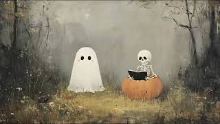 Spooky Ghost and Skeleton Reading a Ghost Story Cozy Halloween Screensaver  Relaxing Fall Tv Art [upl. by Derfla]