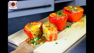 Paprika gefüllt mit Hackfleisch Reis und Eie  Schnell und lecker im Ofen mit Käse gebacken [upl. by Suirred]