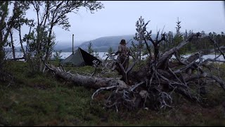 3 days solo bushcraft camping trip  northern wilderness fishing canoeing Lavvu wood stove etc [upl. by Tnias]