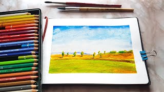 How to paint a landscape with watercolor pencils [upl. by Ahsinahs]