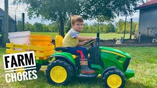 Driving the John Deere Tractor with Trailer to do Farm Chores  Video for Kids  Tractor for Kids [upl. by Andy]