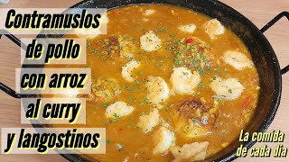 Contramuslos de pollo con arroz al curry y langostinosrecetassaludables pollo rice [upl. by Ahseirej]