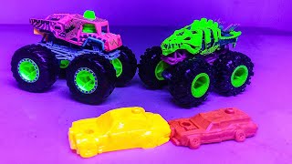 Monster Trucks Hot Wheels Neon Uv Bionic bruiser Skelesaurus power smashers [upl. by Secnirp]