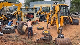 JCB 3DX All New Tyre Change by Mobile Vulcanizer and Door Ram change  Jcb Repair [upl. by Lyns]