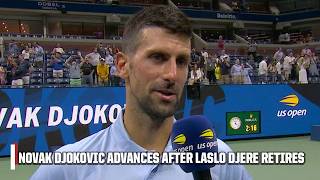 Novak Djokovic advances after Laslo Djere retires due to injury  2024 US Open [upl. by Hnah]