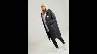 NIKE Sportswear Shiny ThermaFit Swoosh Hooded Parka Jacket Black Women  JD Sports [upl. by Ellerehc]