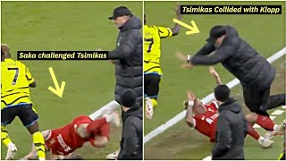 The moment Kostas Tsimikas collided with Klopp as Saka challenged him [upl. by Adnilreh77]