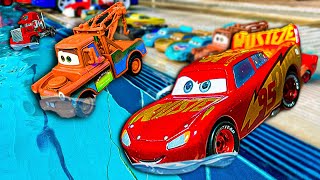 Disney Pixar Cars falling into deep pool Lightning McQueen Tow Mater Mack Sally Francesco [upl. by Akeme751]