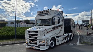 Truckshow Ciney 2024 Departure beautiful showtrucks V8 open pipes sounds [upl. by Griggs]