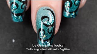 Teal holo gradient with freehand swirls and glitters nail art [upl. by Lyrahc]