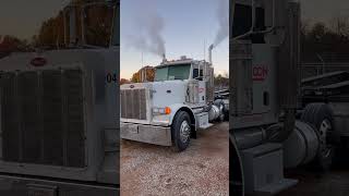 Peterbilt 379 lowboy 🥶 startup peterbilt diesel caterpillar [upl. by Fredella]