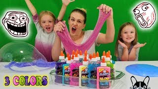 3 Colors of Glue Slime Challenge w My Little Sister Glitter amp Glow in the Dark Elmers Glue Slime [upl. by Esoranna]