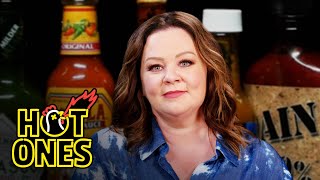 Melissa McCarthy Prepares For the Worst While Eating Spicy Wings  Hot Ones [upl. by Ahsimin]