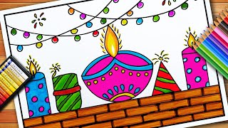 Diwali Drawing Easy  Diwali Diya Drawing  Diwali Painting  Diwali Celebration Drawing  Deepawali [upl. by Neimad]