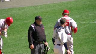 Baseball Three outs in one play  DP First to Home and Coach Thrown Out too in HD [upl. by Odnalra]