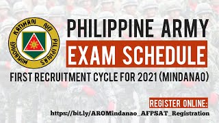 PHILIPPINE ARMY AFPSAT SCHEDULE 2021  ARMY RECRUITMENT OFFICE ARO MINDANAO [upl. by Drareg]