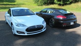 2014 Tesla and Porsche Panamera S EHybrid Review – HybridCarscom Review [upl. by Plato]