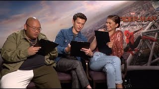 Tom Holland Zendaya and Jacob Batalon draw each other  Cineworld Interview [upl. by Yatnod878]