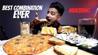 BEST COMBINATION EVER MARGHERITA PIZZA WITH ALFREDO PENNE PASTA PIZZA TUB KEEMA FRIES MUKBANG [upl. by Durrell]