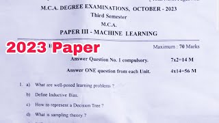 MCA Final Year  Machine Learning  3rd Semester ML Exam 2023 Question Paper  MCA Preparation 2024 [upl. by Isaiah]