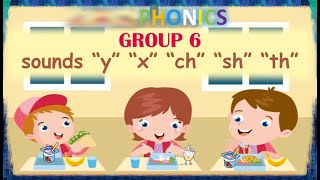 JOLLY PHONICS  Group 6  Letter sound quotyquot quotxquot quotchquot quotshquot quotth thquot  Story  Words [upl. by Nocaj749]