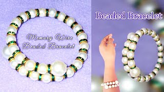 Memory wire beaded bracelet 🤍💚 Spiral bracelet  Rondelle spacer bead and pearl bead bracelet [upl. by Aneetsirhc]