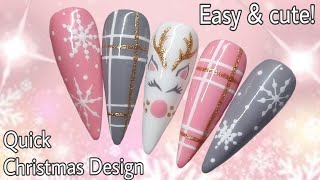 ❄ Easy Cute Christmas  Tartan Reindeer Snowflake  Gel Polish Nail Art Design  Pink Grey [upl. by Yanttirb]