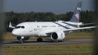 The Worlds First Private Airbus A220 ACJ 9HFIVE Close Up Departure from Farnborough [upl. by Adirem]