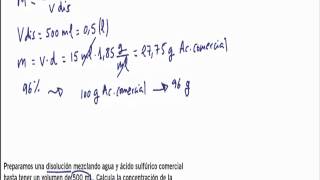 Quimica bachillerato disoluciones Disolución Acido Sulfúrico y agua Ejercicio Resuelto [upl. by Annhoj]