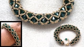 Netted beaded bracelet with 6mm Swarovski and seedbeads beading tutorial [upl. by Biron10]