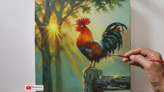 How to Acrylic Painting Rooster in the Morning on Canvas Step by Step Techniques Tutorial [upl. by Leavy]