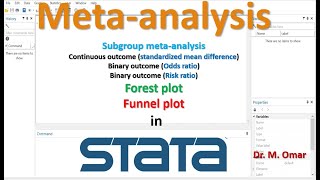 Subgroup meta analysis forest funnel plot odds risk ratio binary outcome continuous in STATA [upl. by Mccall]