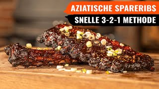 SPARERIBS Aziatisch gemarineerd op de BBQ  Versnelde 321 methode [upl. by Adnoloy978]