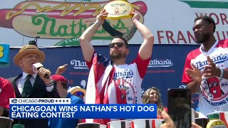 Chicagoan Patrick Bertoletti wins Nathans Famous hot dog eating contest [upl. by Korwun]