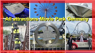 Movie Park Germany  Alle Attraktionen amp Fahrgeschäfte On amp Off Ride Parkvideo movie park achterbahn [upl. by Cris]