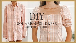 DIY Puff sleeve dress  Refashion Mens Shirt into puff sleeve dress  How to make Square neck dress [upl. by Aneeuq]