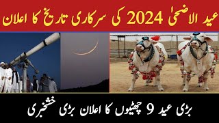 Eid ul Adha 2024 in pakistan ll Eid ul Azha 2024 holidays notification ll Bakra Eid 2024 date [upl. by Nit]