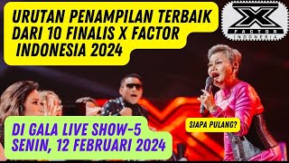 URUTAN FINALIS TERBAIK TADI MALAM DI BABAK GALA LIVE SHOW5 X FACTOR INDONESIA SENIN 120224 [upl. by Zildjian]