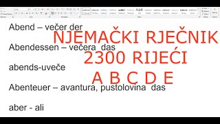 NJEMAČKI RJEČNIK 2300 RIJEČI PO ABECEDI 1 DIO SLOVA A  B  C  D  E [upl. by Inglebert204]