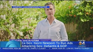 California Gov Newsom Ads Take Aim At Floridas Gov Ron DeSantis [upl. by Chiquita604]